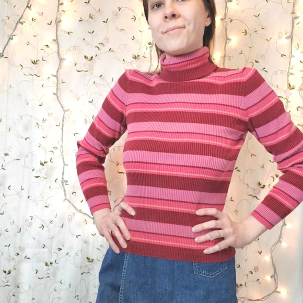 Petite Sophisticate Striped Pink Orange Turtleneck